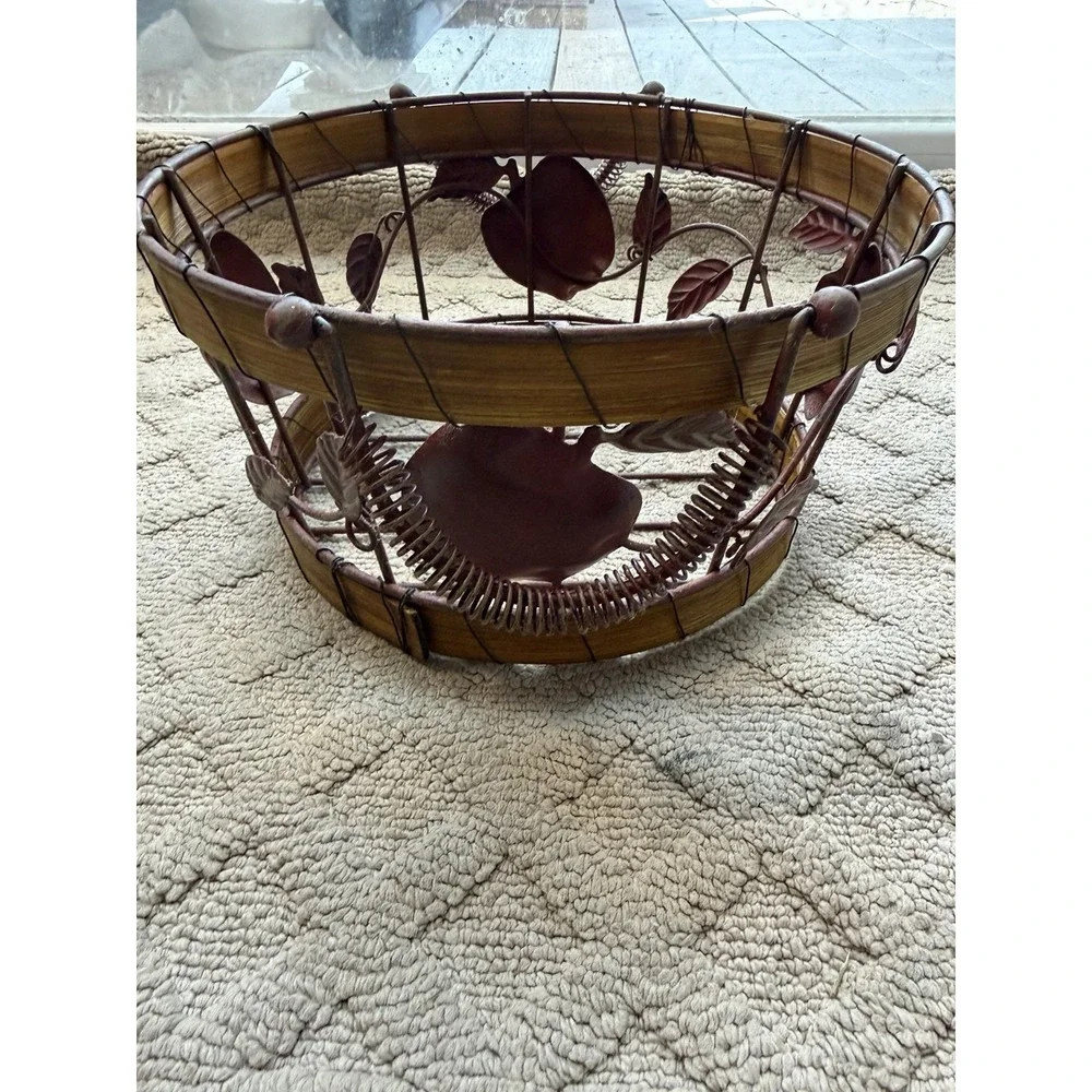 Rustic Metal And Wood Basket with Metal Apples and Spring Style Handles